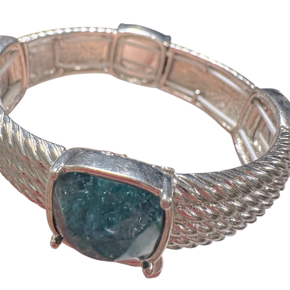 Silver Cuff Bracelet with Aqua Blue Cracked Glass Stones – Statement Bangle